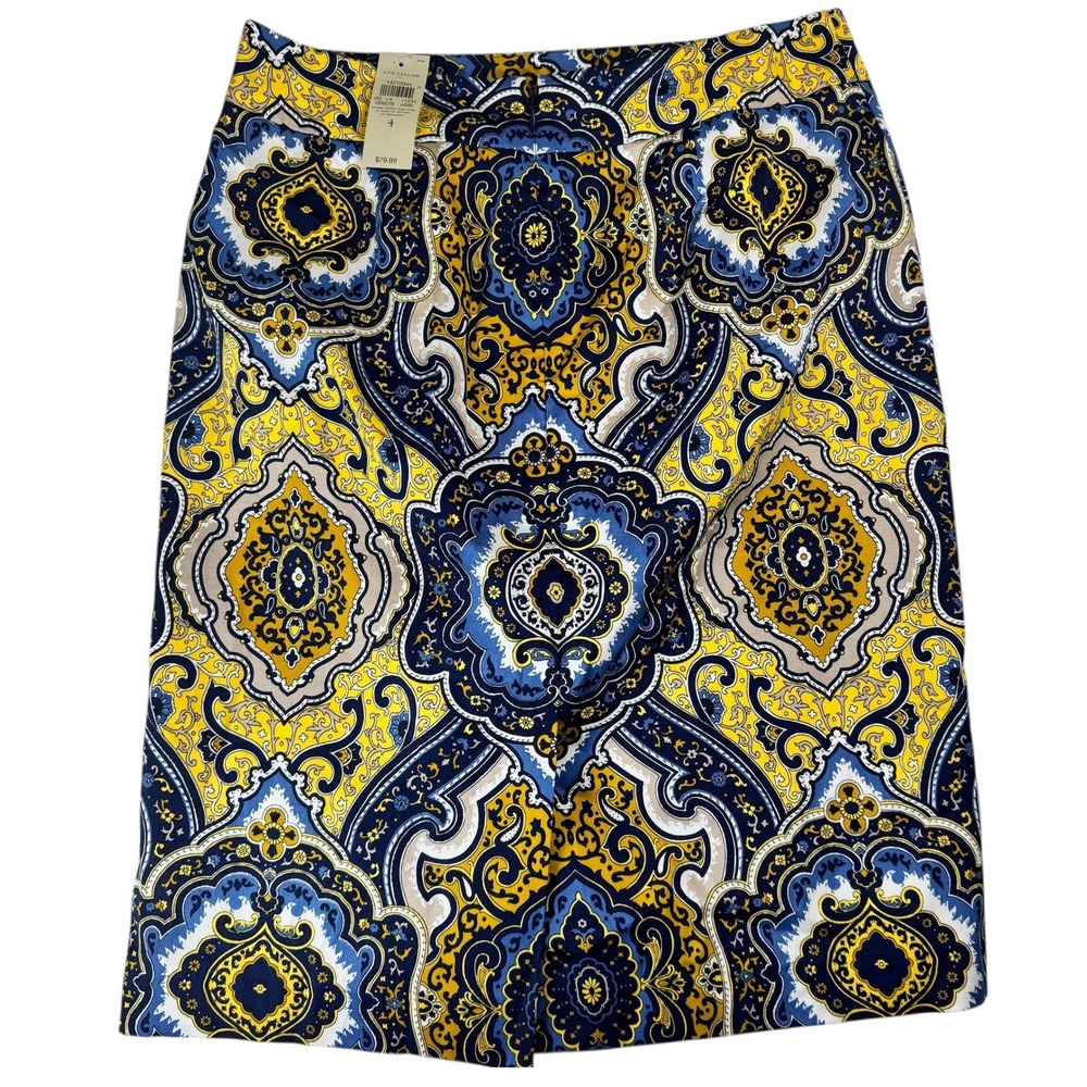 Ann Taylor Womens Skirt Size 4 Blue Yellow Paisley Print Career Pencil Classic